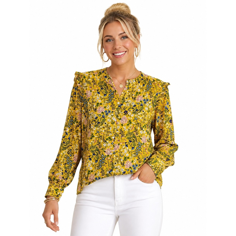 Old Navy Yellow Floral Ruffle Shoulder Button Down Top Cotton Cottagecore
